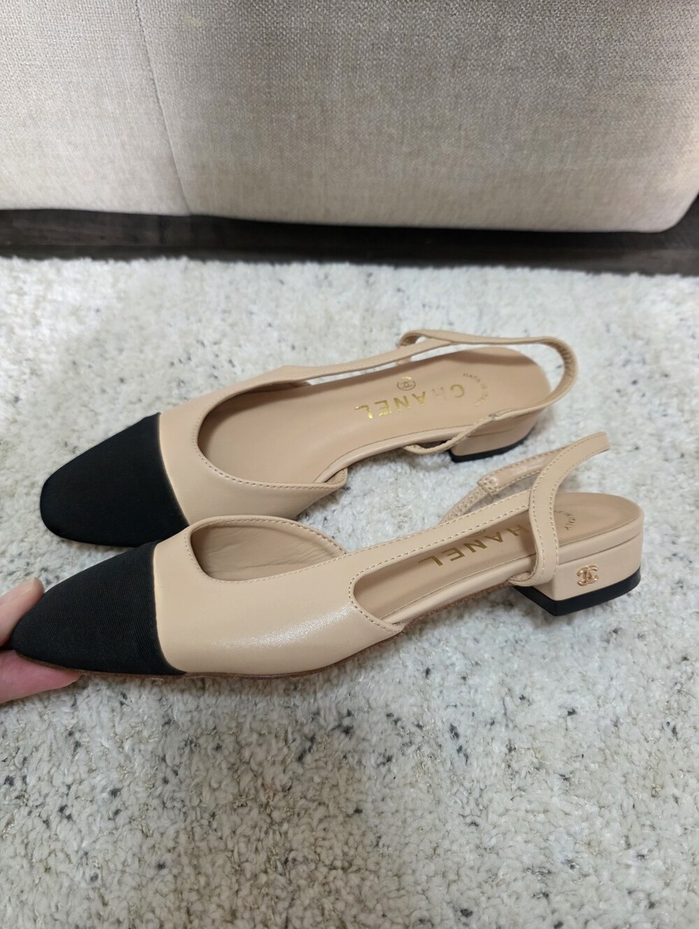 CHANEL Beige Leather Slingback Flats with Black Cap Toe 39
